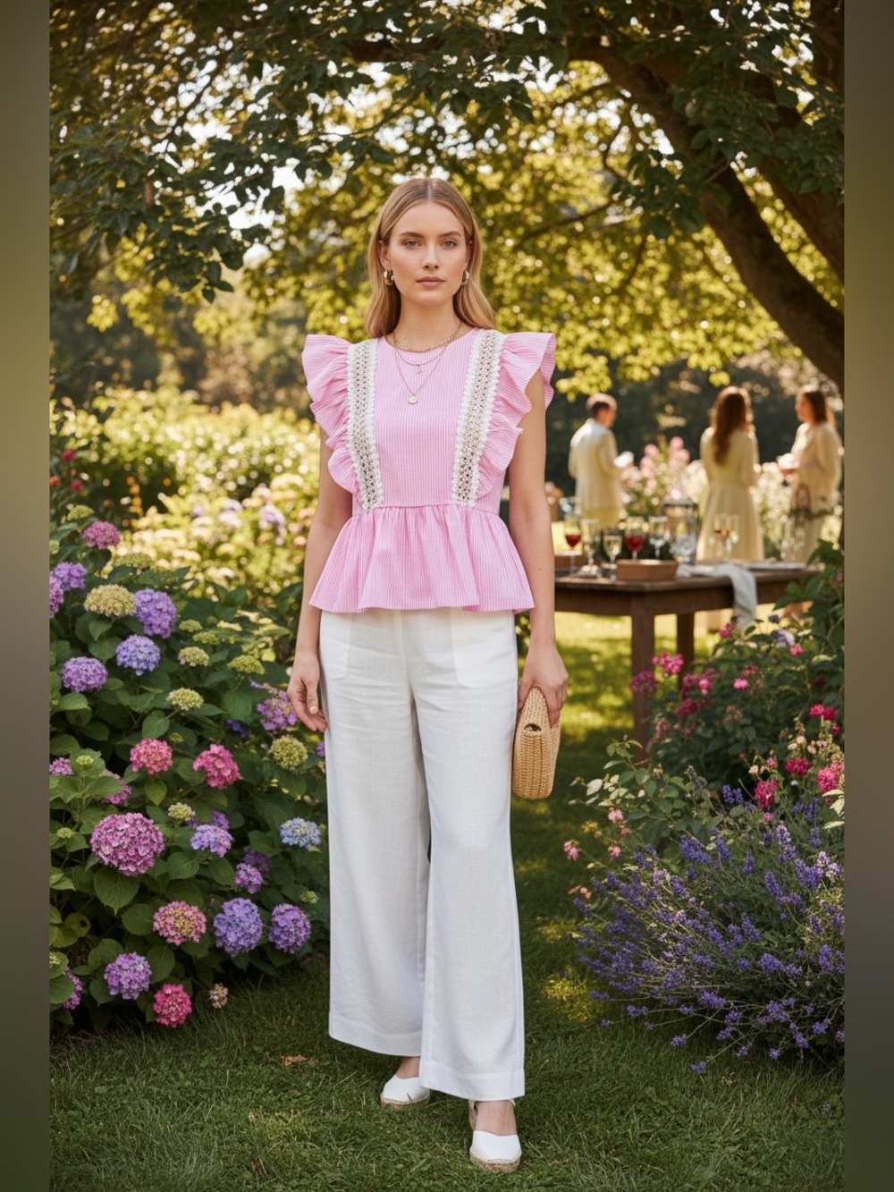 English Factory|POPLIN RUFFLE WITH LACE TRIM TOP‎ Blouse| Pink White Striped|Sm